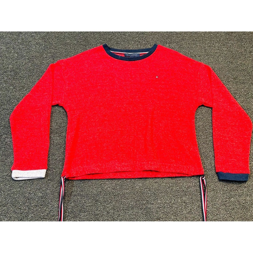 Tommy Hilfiger Crop Sweatshirt Womens Medium Red Long Sleeve Decorative Side Tie